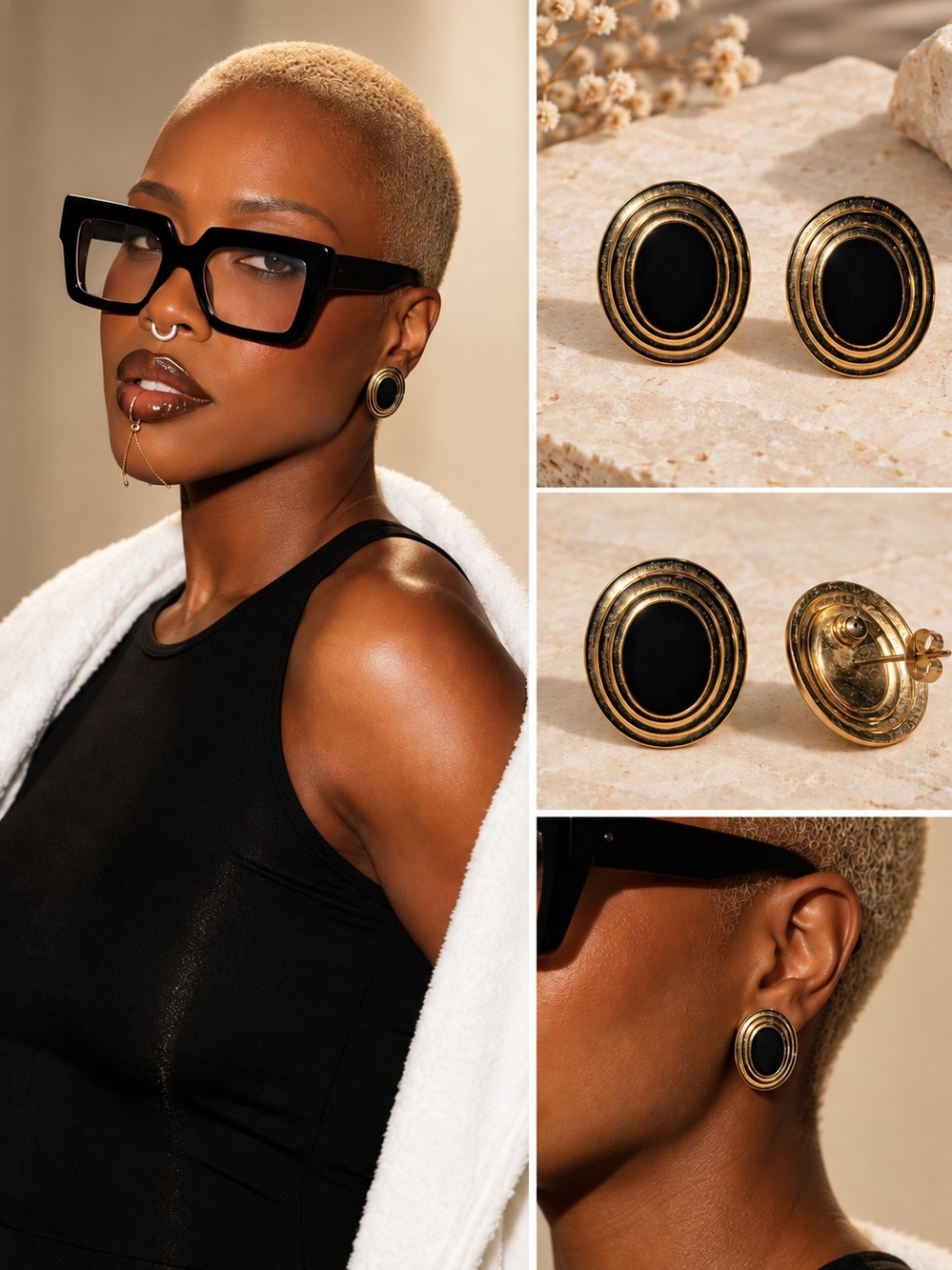 Vintage-Inspired Black and Gold Oval Stud Earrings